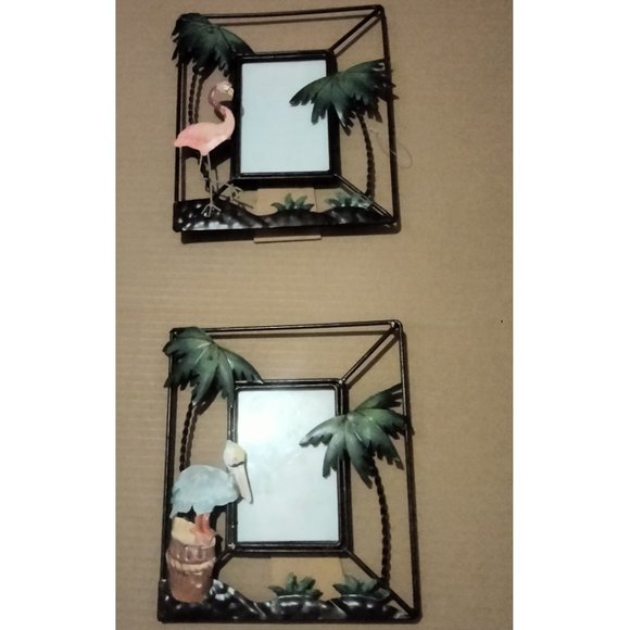 2 BEACHCOMBERS COASTAL LIFE Metal Frames DECOR WITH Tropical Flamingo Palm Trees - Picture 1 of 14